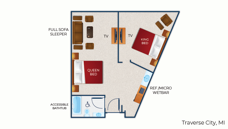 The floor plan for the accessible Royal Bear Suite (Accessible bathtub)